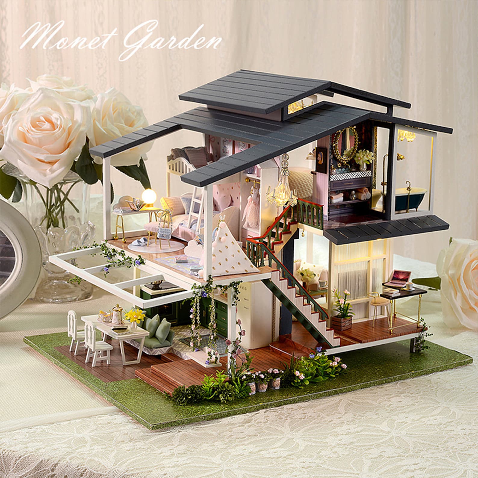 Garten Puppenhaus Miniatur mit Möbeln DIY Puppenhaus Etsy.de