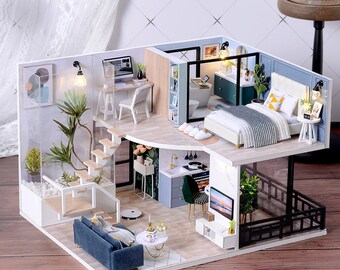 DIY Miniature Dollhouse Kit, 1:24 Scale DIY Crafts, Cozy Time Dollhouse with Dust Cover and Music box, Handmade Gift ideas