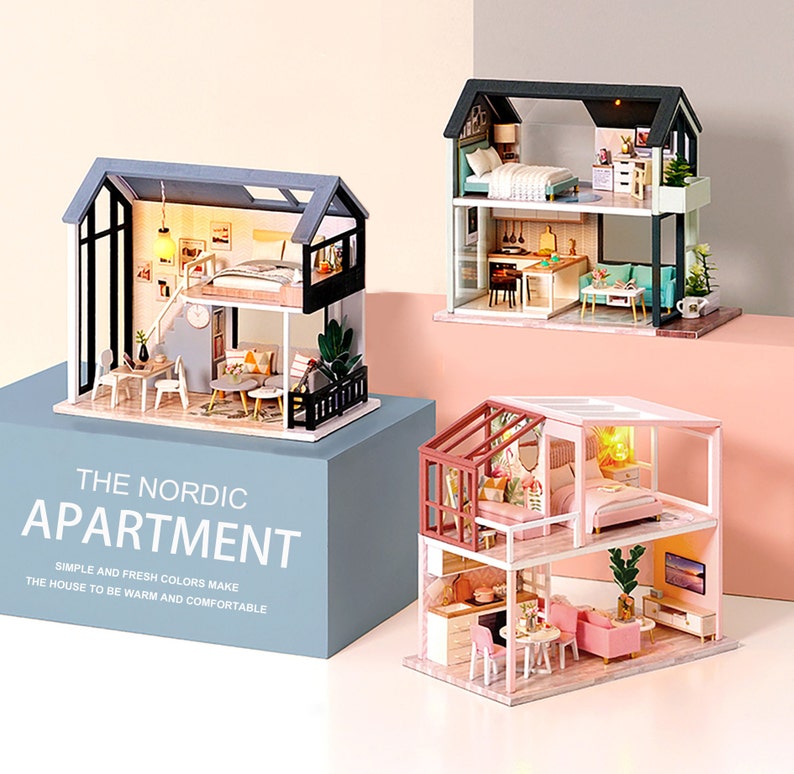 Dollhouse Miniature with Furniture DIY  Dollhouse Kit Plus image 1 // miniature nordic apartment tiny dollhouse for adults 