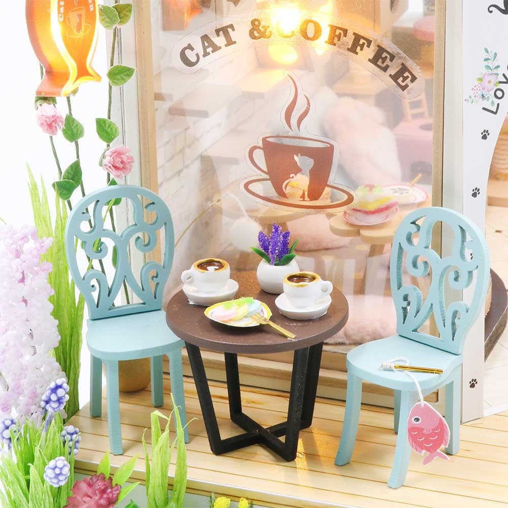  WonDerfulC Cat Cafe Wooden Miniature Dollhouse Kit DIY Pet Cat Coffee  Shop Building Model Accessories with Furniture LED Light Music Box Birthday  (no Dust Cover) : Toys & Games