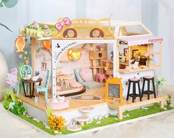 Cat Coffee Garden Dollhouse Miniature with Furniture, DIY Wooden Dollhouse Kit Plus Dust Proof and Music Movement, 1:24 Scale Creative Room