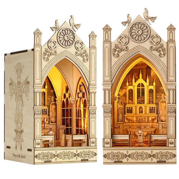 Miniature Doll House Kit with LED Light, DIY Book Nook Kit, Home Bookshelf Decor, Handmade Gift (Pray in the church)