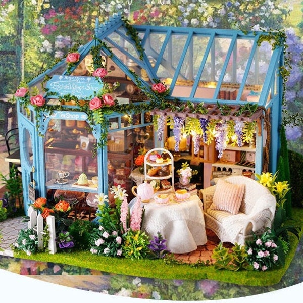 Kit de casa de muñecas en miniatura de bricolaje, artesanías de bricolaje a escala 1:24, casa de muñecas Rose Garden con cubierta antipolvo y caja de música, ideas de regalos hechos a mano, decoración del hogar