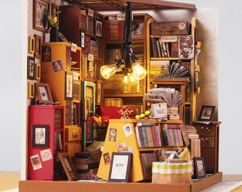 Miniature maison de poupée Sam's Bookstore avec meubles, kit maison de poupée DIY à l'échelle 1:24, idée de chambre créative
