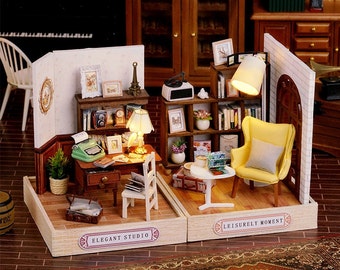 Happy House Dollhouse Miniature with Furniture, DIY Dollhouse Kit Plus Dust Proof, 1:24 Scale Creative Room Idea