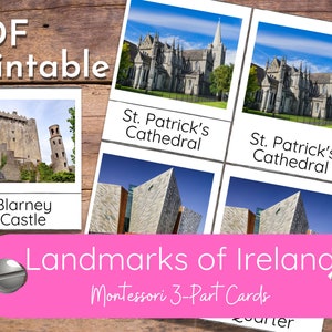 Landmarks of Ireland Montessori 3-teilige Karten Vokabular Lernkarte Aktivität für Geographie Einheit Lernen / Homeschool Einheit / Selbstständige Aktivität