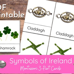 May include: A set of Montessori 3-part cards featuring symbols of Ireland. The cards include a shamrock, a Claddagh ring, and a Celtic cross.