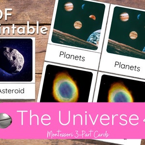 El Universo Montessori Tarjetas de 3 partes Sistema Solar Unidad de Ciencias Espaciales Estudio / Educación en el hogar Imprimible / Centro de Ciencias / Actividad Flashcard