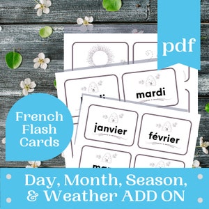Franse add-on PDF-BUNDEL voor dagelijkse thuisschoolkalender / weergrafiek, seizoenen, dag, maanden Flashcards / ochtendmand / Spaans leren