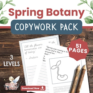 May include: A "Spring Botany Copywork Pack" with 3 levels, featuring worksheets with botanical illustrations and quotes. Includes a red 51-page sticker. Two pencils rest on the worksheets. The text "Download Now" is visible.