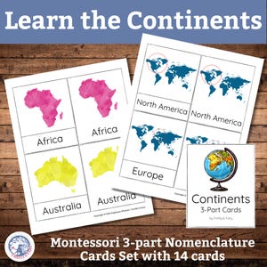 Continents Montessori at Home Geography 3-Part Cards Educational Flash Card Set Montessori Geography Homeschool Unit Study Digital Download