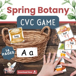 Pode incluir: Um jogo educativo com o tema da primavera com o texto "Spring Botany CVC GAME". A imagem apresenta um cesto de vime, cartões com palavras como "bag", "hat", "tap", "sap" e "yam", e a letra "A". As palavras estão em branco.