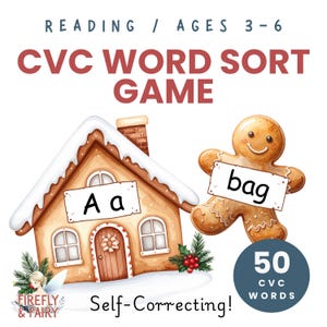 Puede incluir: Un juego de clasificación de palabras CVC para niños de 3 a 6 años. La imagen presenta una casa de jengibre con la letra "A" y un hombre de jengibre sosteniendo un letrero con la palabra "bag". El juego incluye 50 palabras CVC y es autocorrectivo.