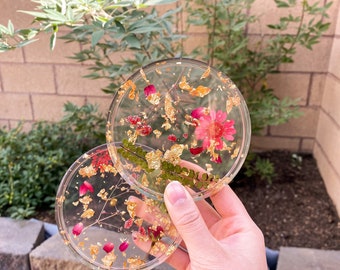 Custom Clear Resin Coasters with Rose Gold Silver Leaf Flakes Flowers Floral Wedding - Send me your flowers!