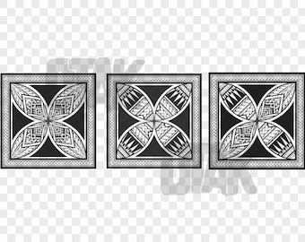 May include: Three black and white patterned squares with intricate designs. The squares are framed with a thin border.