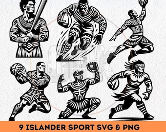 May include: Black and white vector illustrations of nine Polynesian athletes playing different sports. The athletes are wearing traditional tribal clothing and have intricate tattoos. The sports include baseball, basketball, and football.