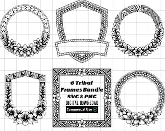 Polynesian Tribal Frame SVG & PNG Bundle | Plumeria and Hibiscus Flower Frames for Sublimation, Cricut, and Laser cut and more