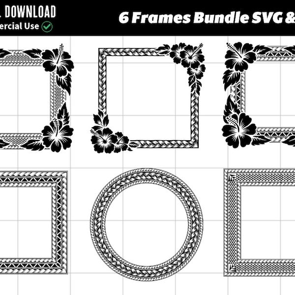 Polynesian Tribal Frame SVG & PNG Bundle | Hibiscus Flower Frames | Instant Download