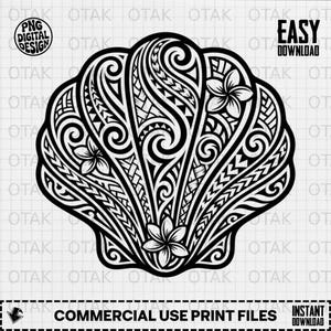 May include: Black and white seashell design with intricate tribal patterns and floral accents. The image includes the text "PNG DIGITAL DESIGN" and "EASY DOWNLOAD". The bottom of the image reads "COMMERCIAL USE PRINT FILES INSTANT DOWNLOAD".