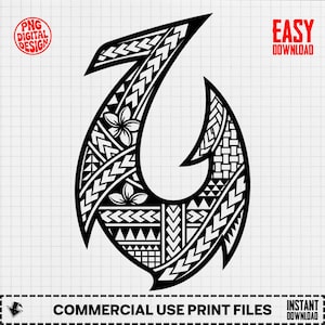 Puede incluir: Diseño digital en blanco y negro de un anzuelo con intrincados patrones tribales y acentos florales. El diseño incluye el texto "PNG DIGITAL DESIGN" y "EASY DOWNLOAD". La parte inferior de la imagen dice "COMMERCIAL USE PRINT FILES".