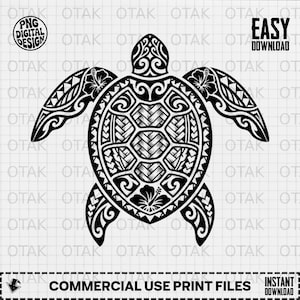 May include: Black and white digital design of a turtle with intricate tribal patterns. The image includes the text "PNG DIGITAL DESIGN" and "EASY DOWNLOAD". The bottom of the image reads "COMMERCIAL USE PRINT FILES INSTANT DOWNLOAD".