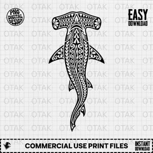 May include: Black and white hammerhead shark design with intricate tribal patterns. The image includes the text "PNG DIGITAL DESIGN" and "EASY DOWNLOAD". The design is suitable for commercial use print files.