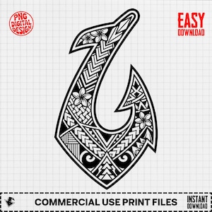 Könnte beinhalten: Schwarz-weiße Grafik eines Angelhakens mit aufwendigen Stammesmustern und floralen Akzenten. Das Design enthält den Text "PNG DIGITAL DESIGN" und "EASY DOWNLOAD". Der untere Teil lautet "COMMERCIAL USE PRINT FILES".