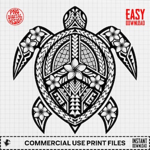 May include: Black and white digital design of a turtle with intricate tribal patterns. The turtle features floral accents and geometric shapes. Text includes "PNG DIGITAL DESIGN", "EASY DOWNLOAD", "COMMERCIAL USE PRINT FILES", and "INSTANT DOWNLOAD".