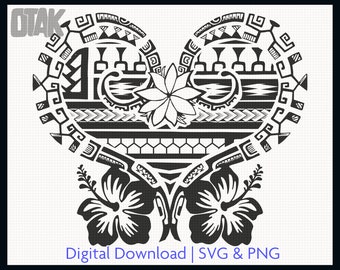 May include: Black and white digital download of a heart-shaped design with Polynesian tribal patterns and hibiscus flowers.  The design includes the text "Digital Download | SVG & PNG".