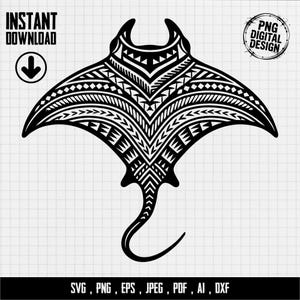 Op de afbeelding: Zwart-wit digitale illustratie van een manta rog met ingewikkelde tribale patronen. De afbeelding bevat de tekst "INSTANT DOWNLOAD" en "PNG DIGITAL DESIGN". Bestandsformaten: SVG, PNG, EPS, JPEG, PDF, AI, DXF.