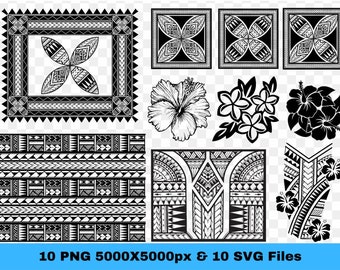 May include: A set of 10 black and white Polynesian tribal design elements, including frames, borders, and floral patterns. The designs are intricate and detailed, and would be perfect for use in crafting, scrapbooking, or digital design.
