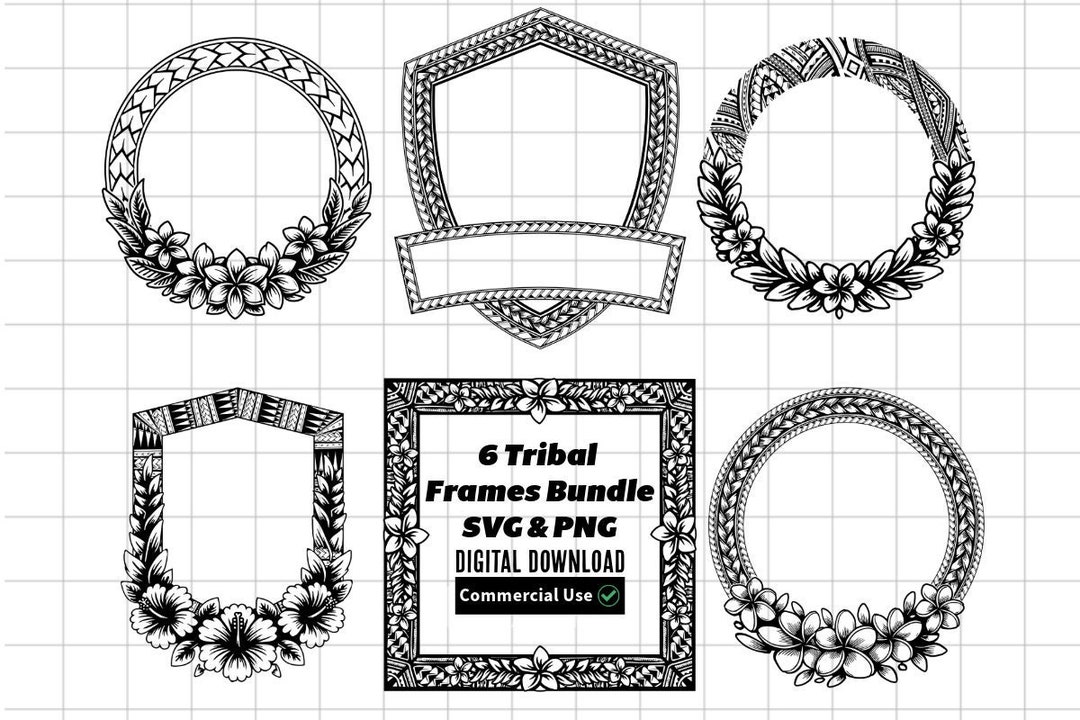 Polynesian Tribal Frame SVG & PNG Bundle Plumeria and Hibiscus Flower