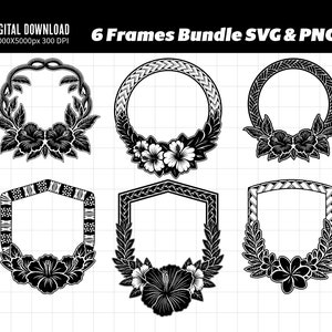 Polynesische Tribal Frame SVG & PNG-bundel | Plumeria en Hibiscus bloemframes | Directe download