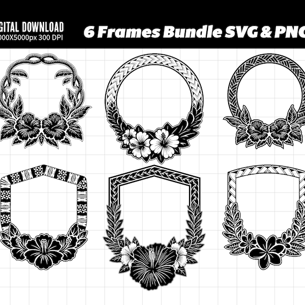 Polynesian Tribal Frame SVG & PNG Bundle | Plumeria and Hibiscus Flower Frames | Instant Download