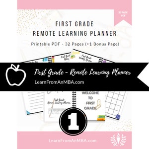 First Grade Remote Learning Planner – School Themed Colorful Guide to Help Students Organize Daily Projects, Homework, Lessons & Studies.