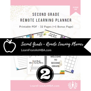 Second Grade Remote Learning Planner – School Themed Colorful Guide to Help Students Organize Daily Projects, Homework, Lessons & Studies.
