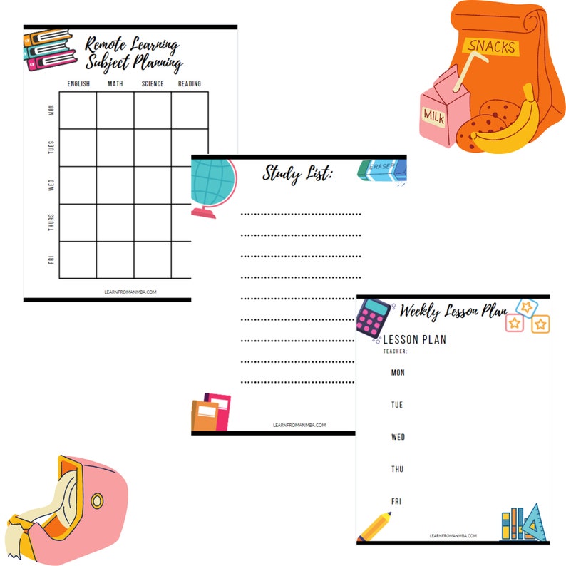 May include: Printable planner pages for remote learning. The pages include a subject planning grid, a study list, and a weekly lesson plan. The pages are decorated with colorful school supplies and snacks.
