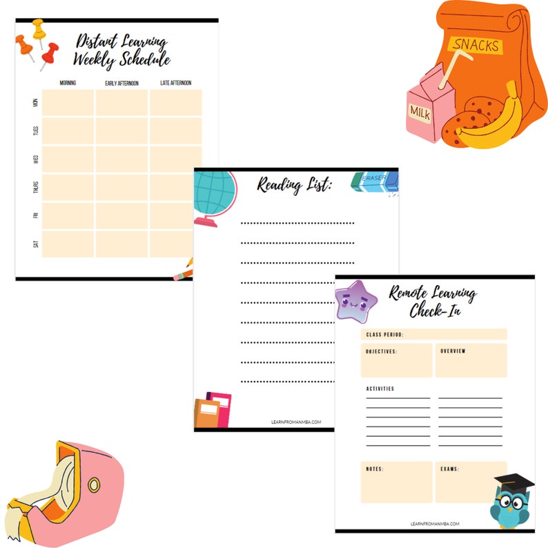 May include: A printable set of four worksheets for remote learning. The worksheets include a weekly schedule, a reading list, a check-in form, and a snack list. The worksheets are decorated with colorful cartoon images.
