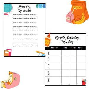 May include: Printable worksheet with a black and white grid for planning remote learning activities. The grid has columns for activity, time, subject, and notes. The worksheet is decorated with colorful school supplies, including a glue stick, a pencil, and a stack of books.