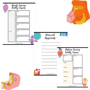 May include: Printable worksheets for distance learning with a colorful design. The worksheets include sections for subject, activities, homework assignments, and weekly lessons. The worksheets feature cartoon characters and illustrations.