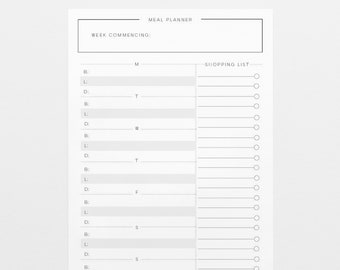 May include: A black and white printable weekly meal planner with a section for a shopping list. The planner has spaces to write in breakfast, lunch, and dinner for each day of the week.