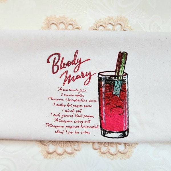Embroidered Towel - Bloody Mary Recipe Embroidered on White - Dark Red Striped Cotton Bar Towel 15x27in - Please Promote Animal Rescue!
