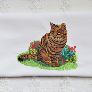 Embroidered Towel - Realistic Cat Embroidery on White Cotton Tea Hand Towel 15x25in - Please Promote Animal Rescue!