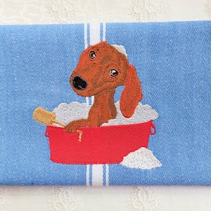 Embroidered Towel - Embroidered Dachshund in a Washtub on Blue Cotton Hand Tea Towel - Please Promote Animal Rescue!