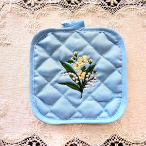 Embroidered Quilted Pot Holder with Colorful Flower Bouquet Design on Pastel Blue 6.5 x 6.5 inch Hot Pad - Please Promote Animal Rescue!
