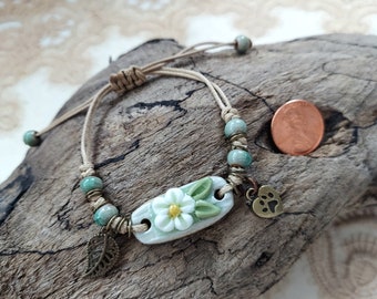 Handmade Macrame Bracelet with Ceramic Beads and Charms - Please Promote Animal Rescue!