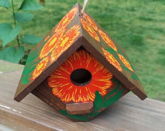 Wooden Birdhouse - Mexican Zinnia Painted in Acrylic on Sturdy Wood Birdhouse - Please Promote Animal Rescue!