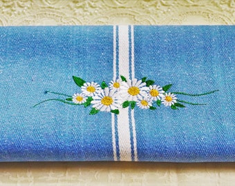 Embroidered Towel - Daisy Border Embroidery on Blue Denim-Like Cotton Tea Towel - Please Promote Animal Rescue!