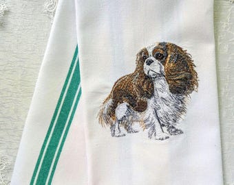 Cavalier King Charles Spaniel Dog Embroidery on Cotton Tea Towel with Green Stripes - Please Promote Animal Rescue!