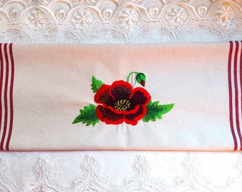 Embroidered Towel - Poppy Flower on Cotton Tea Towel - Please Promote Animal Rescue!